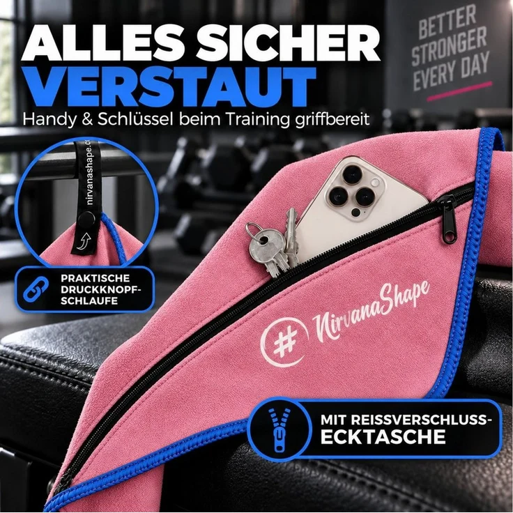 NirvanaShape Sporthandtuch NirvanaShape Mikrofaser Fitnesshandtuch mit Ecktasche und Knöpfen, saugfähig, leicht, schnelltrocknend, für Reisen, Fitness, Yoga, Sauna – Bild 3