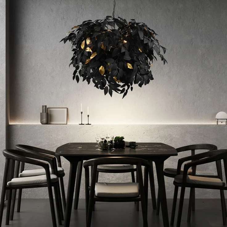 Pendelleuchte, 4-Flammig, Blätter, schwarz-gold, D 70 cm – Bild 3