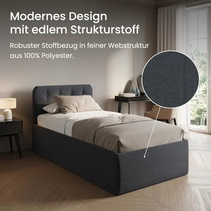 Home Collective Polsterbett Bett mit Stauraum, verstellbarem Lattenrost, viele Größen (Größen: 100x200 120x200 140x200 160x200 180x200 200x200, hochwertiger Strukturstoff, made in Germany), wählbare Matratze Federkern oder Kaltschaum, Anthrazit – Bild 8