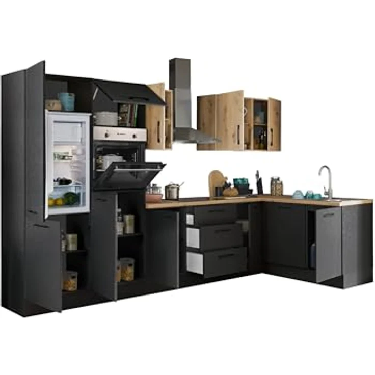 Turin LB Eckküche 340 x 211 x 60 cm, schwarz - Ohne Küchengeräte - Moderne, geräumige Küche in Artisan-Eiche Optik mit viel Stauraum – Bild 4
