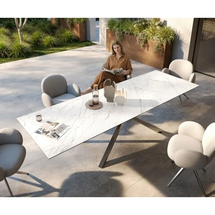 Outdoortisch Edge 300x100 cm Keramik Laminam® Statuarietto Weiß Kreuzgestell Rechteck Edelstahl – Bild 6