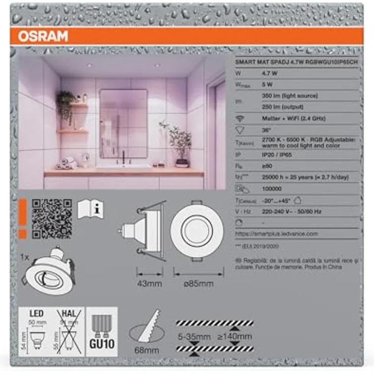 Osram Smart Matter Spot LED Einbaustrahler, IP65 RGBW Verstellbar, Satin-Nickel, 4,7W, Dimmbar, App-Steuerung – Bild 3