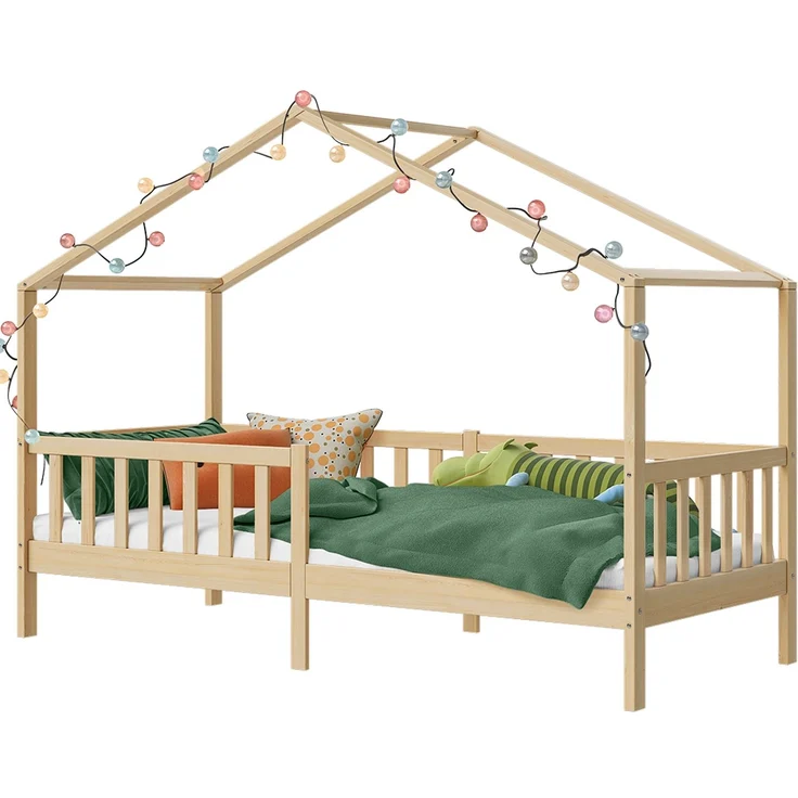 Bellabino 'Bia' Hausbett 90x200 cm, natur, Kiefer Massivholz, Montessori Kinderbett mit Rausfallschutz und Lattenrost – Bild 11
