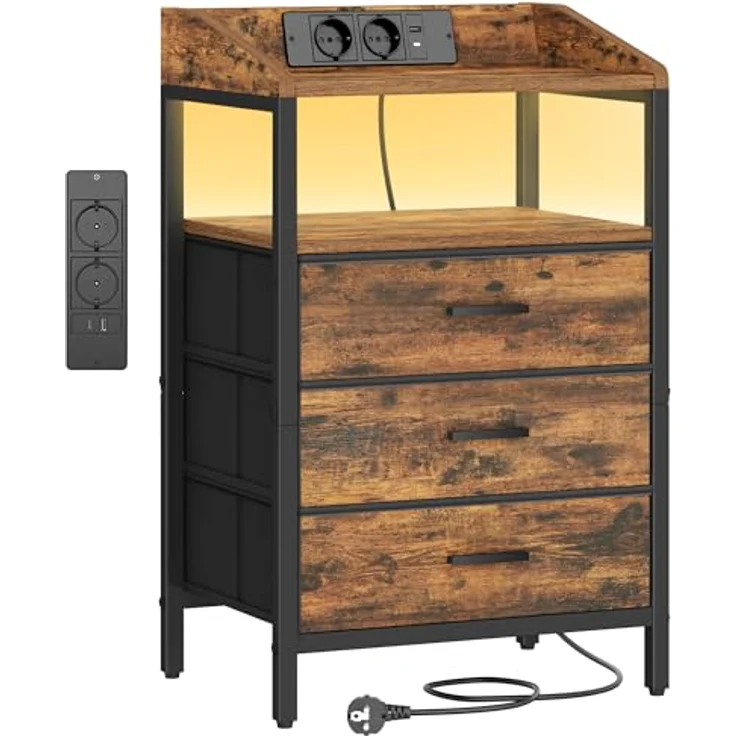 Nachttisch mit LED-Leuchten und ladefunktion, Beistelltisch mit 3 Stoff-Schubladen mit USB-Anschlüssen & Steckdosen, für Schlafzimmer, Wohnzimmer, Schwarz – Bild 10