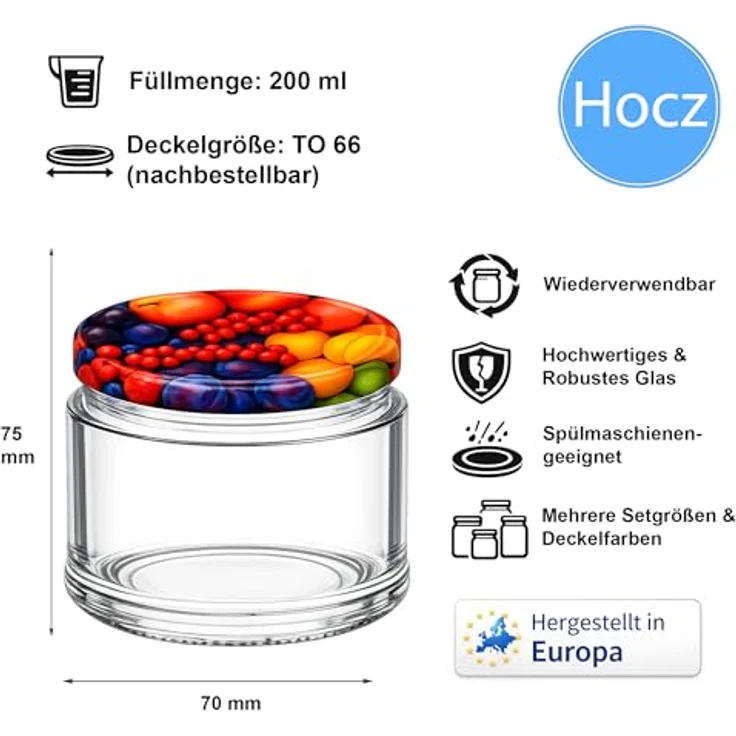 hocz 100x Marmeladengläser 200 ml | mit Deckel Obst TO 66 | Einmachgläser mit Schraubdeckel zum befüllen | Sturzgläser für Marmelade Schraubgläser | leere Gläser Set | 100 Stück – Bild 2