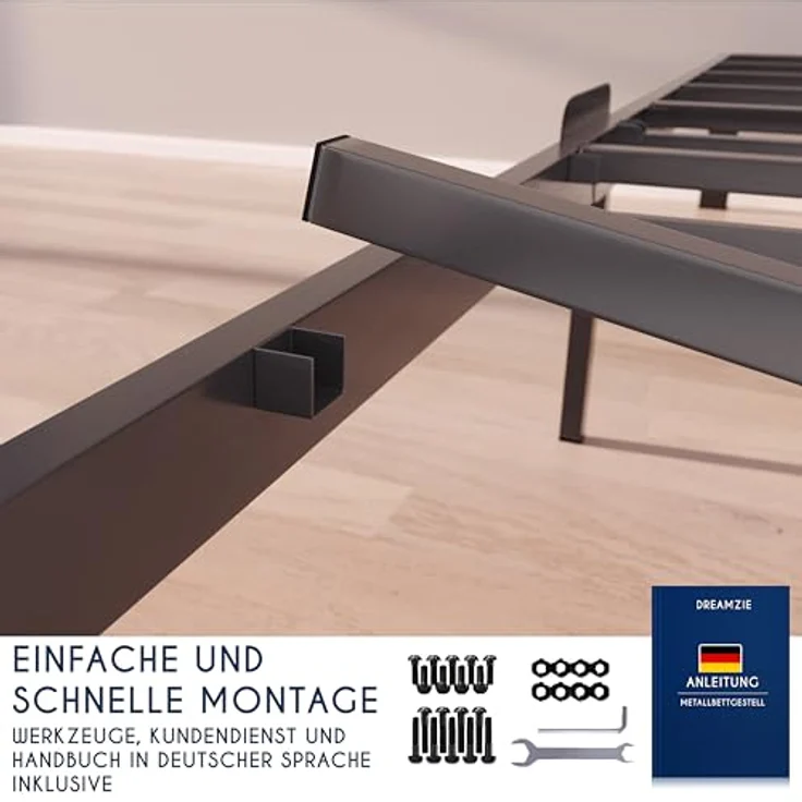 Dreamzie Bett 90x200 aus Metall - Bettgestell 90x200 für Matratze Einzelbett, Höche 25 cm - Robust, Leichte Montage, Umfangreicher Stauraum - Schwarzer Lattenrost – Bild 5