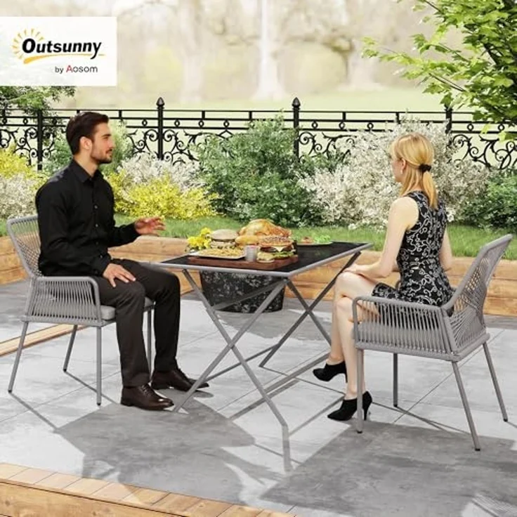 Outsunny Rattanstuhl 2er Set, mit Armlehne, Rückenlehne, abnehmbar Sitzkissen (Gartenstuhl aus Rattan, 2 St), Rattanstuhl für Garten, Balkon, Terrasse, Dunkelgrau – Bild 2