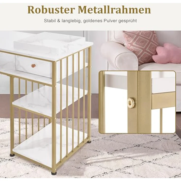 M MCombo Schreibtisch mit Schubladen, Nageltisch mit Regal, Manikürtisch aus Holz Metallgestell, Schminktisch ohne Spiegel Wohnzimmer Modern, Marmor-Weiß Gold, 2498 – Bild 7