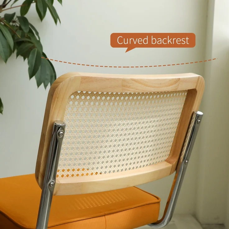 LVHOM Freischwinger 2er Set Esszimmerstuhl, Retro Küchenstuhl mit Chromgestell & Rattan-Rückenlehne, gepolsterter Samtsitz, stapelbar, moderne Wohnzimmerstuhl, Orange – Bild 4