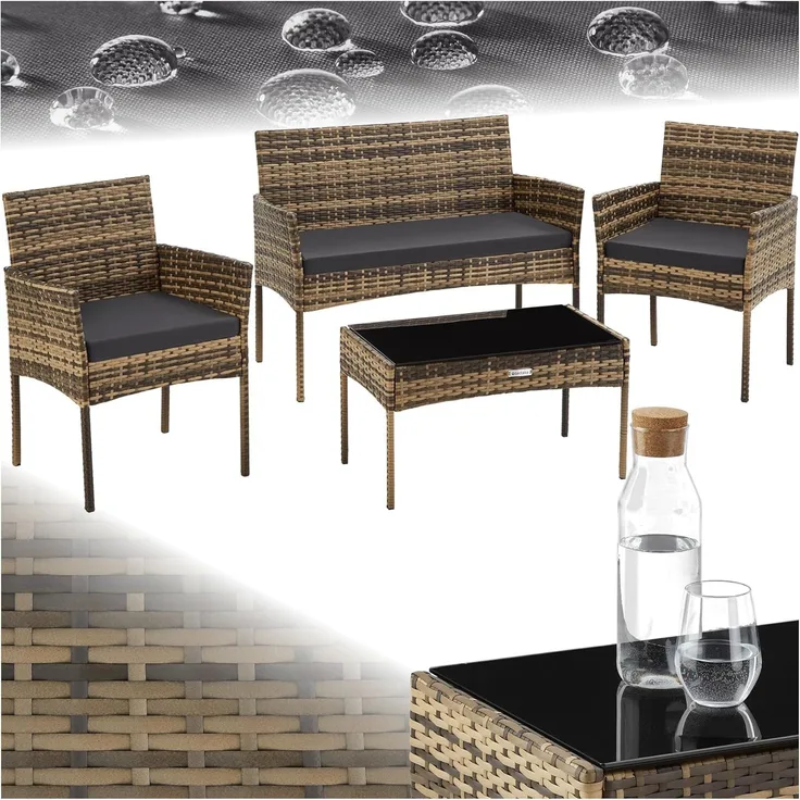 tectake Sitzgruppe Rattan Gartenset, (Set, 4-tlg), Wasserabweisende, abnehmbare und waschbare Polyesterbezüge