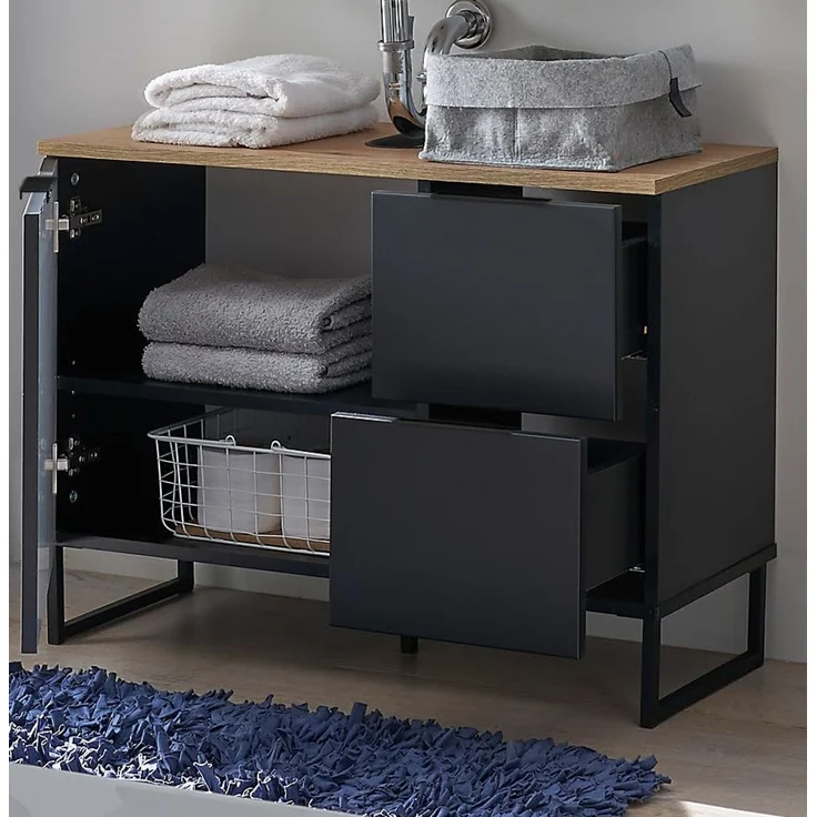 moebel-dich-auf Waschbeckenunterschrank Aspen 80 80 x 60 x 35 cm, Schwarz matt, Oberboden: Evoke Eiche – Bild 4