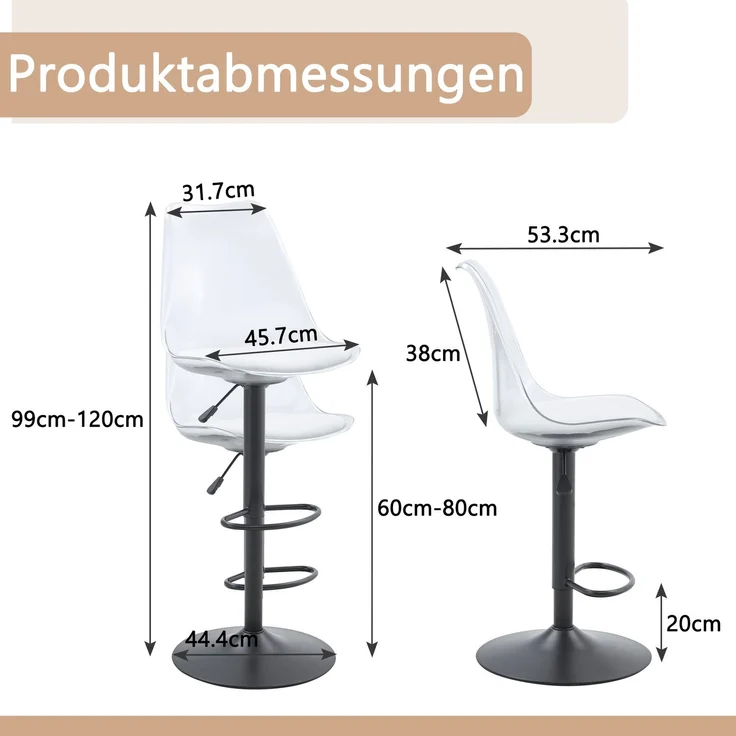 Barhocker H 120 x T 45.7 x B 53.3 cm transparent, höhenverstellbar, 360° drehbar, Metall/Kunststoff, 2 Stück – Bild 4