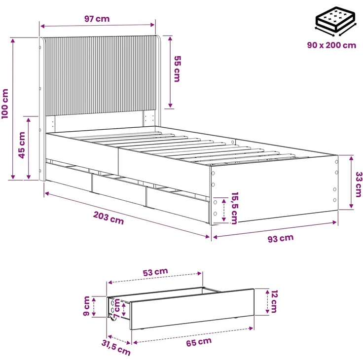 vidaXL Bettgestell mit Stauraum und Kopfteil Artisan-Eiche 90 x 200 cm 3445813 – Bild 10