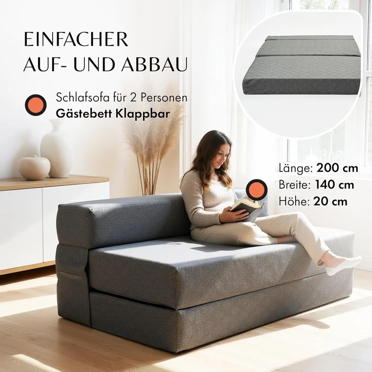 Klappmatratze Schlafsofa für 2-140x200x20 cm Gästebett Klappbar - Test SEHR GUT, DYNMC you, (Klappmatratze Mittel Hart H3 - Gästematratze Klappbar) – Bild 2