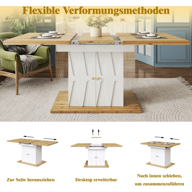 Merax 140cm Esstisch, Tisch mit Reliefmuster, Ausziehtisch für Küche & Wohnzimmer, Weiß – Bild 6