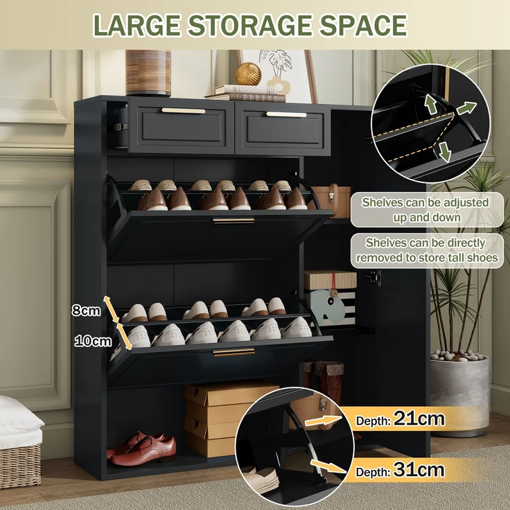 ZUBALIYA Schuhschrank (95 x 24 x 107 cm), 2 Schubladen, Verstellbare Einlegeböden, Stauraum für Flur und Eingangsbereich, Schwarz – Bild 17