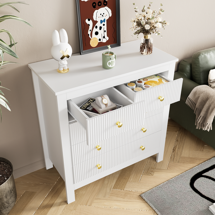 Kommode mit 5 Schubladen Weiss Struktur Front Gold Griffe Sideboard Aufbewahrung Schrank Schlafzimmer Wohnzimmer 80cm – Bild 7