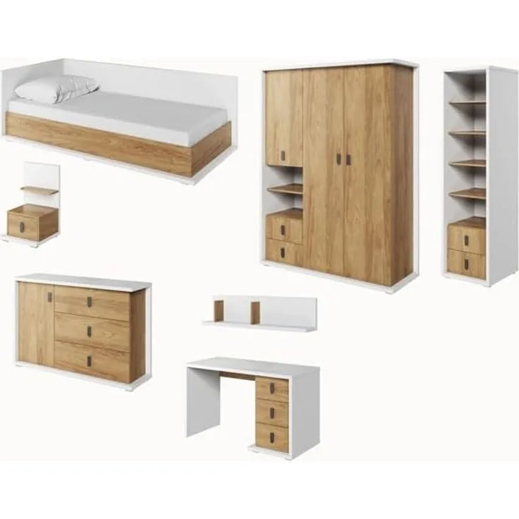 Jugendzimmer-Set Simi 7-teilig weiß Hickory Oak inkl. Matratze