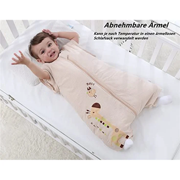 Chilsuessy Baby Winter Schlafsack mit Füßen und abnehmbar Langarm Pyjamas aus Bio Baumwolle kleine Kinder Schlafsack für Baby 1 bis 6 Jahre, Giraffe/2.5 Tog, S/Koerpergroesse 80-90cm – Bild 4