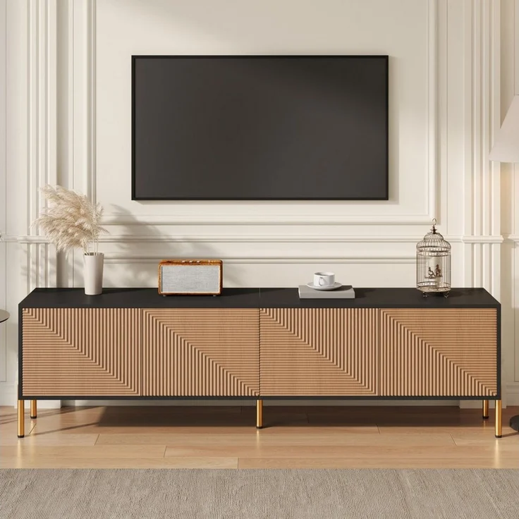 BlingBin Lowboard TV-Schrank Fernsehschrank TV-Ständer (Einzigartiges im Farbblock-Design, 1 St, mit 4 Türen und 5 Metallbeine), 179L x 35B x 53,5H cm, Schwarz + Natur – Bild 5