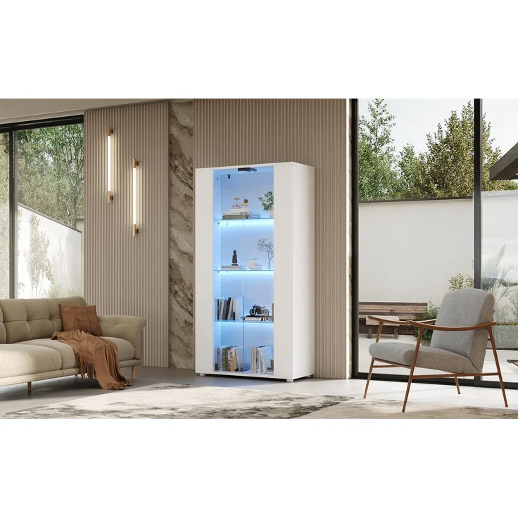 Vitrinenschrank mit 2 Glastüren, 4 Ablageflächen und verstellbarer LED-Beleuchtung – modernes Design für Wohnzimmer,Weiß,80×36×150cm--Weiß--80x36x150cm--YOUDENOVA – Bild 9