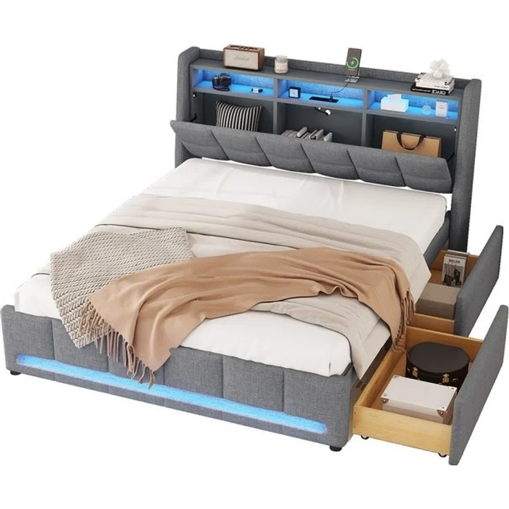 SOFTWEARY Stauraumbett mit LED-Beleuchtung (Lattenrost, 2 Schubladen, USB-Anschlüssen, 140x200 cm), Doppelbett mit Stauraum, Leinen – Bild 4