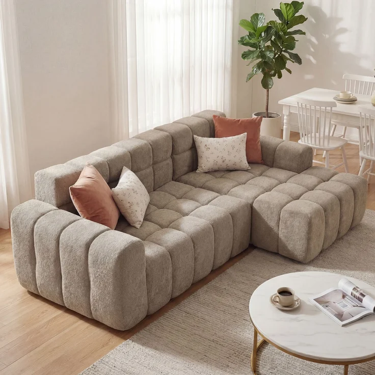 L-förmiges modulares Sofa aus Regen-Velours 250x125x60 cm in Khaki mit Kaltschaum – Bild 3