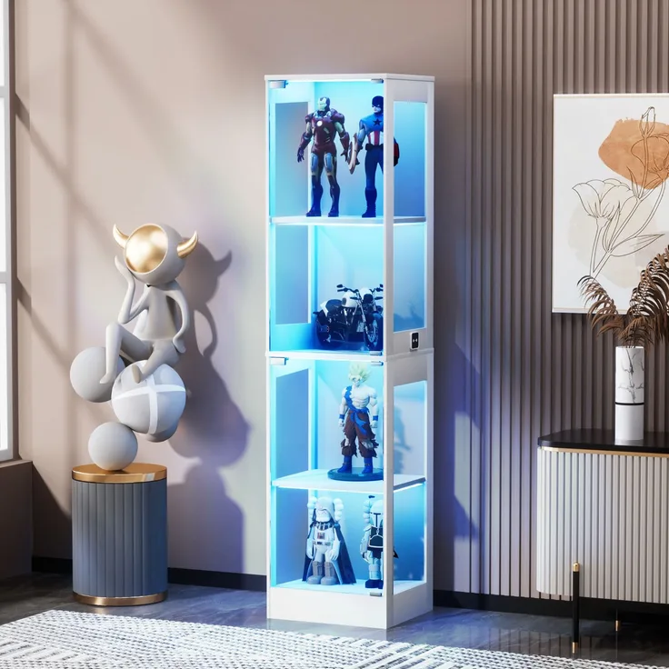 Vierstöckige Glasvitrine mit Stauraum, LED-Beleuchtung, Glastüren und intelligenten Sensoren, Als staubdichte Glasvitrine für Wohnzimmer, Schlafzimmer und Büros geeignet, Weiß. 40*35*165cm--Weiß--40x35x165cm--YOUDENOVA
