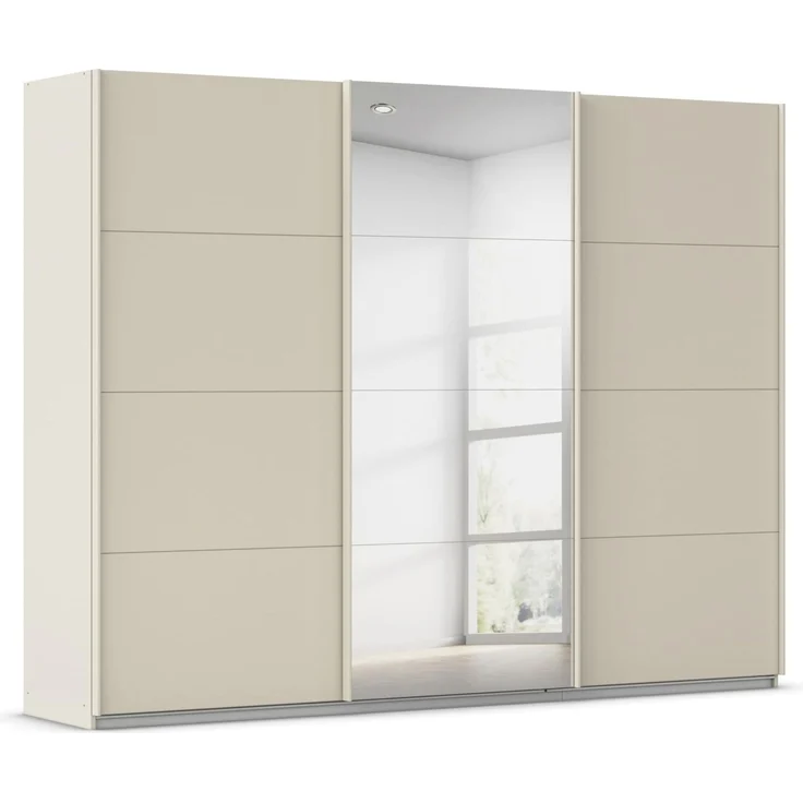 Rauch Möbel Kulmbach, Kleiderschrank mit Schwebetüren für Schlafzimmer, Kinderzimmer, Jugendzimmer, Garderobe, Flur, 3-türig, mit Spiegel, Zubehör Basic, Farbe Beige, Breite 271 cm