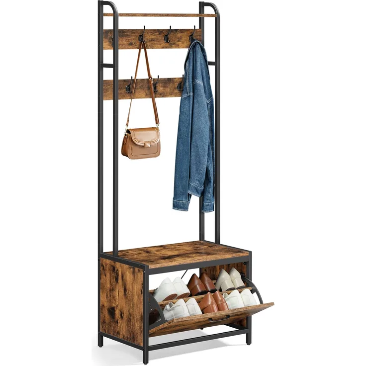 VASAGLE Garderobenständer mit Schuhschrank, Garderobe mit Sitzbank, Kleiderständer, Schuhkipper, 7 Haken, obere Ablage, für Flur, Schlafzimmer, Industrie-Design, vintagebraun-schwarz HSR425B01