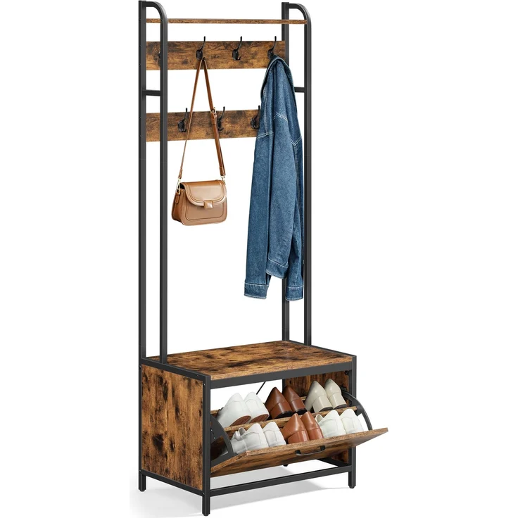 VASAGLE Garderobenständer mit Schuhschrank, Garderobe mit Sitzbank, Kleiderständer, Schuhkipper, 7 Haken, obere Ablage, für Flur, Schlafzimmer, Industrie-Design, vintagebraun-schwarz HSR425B01