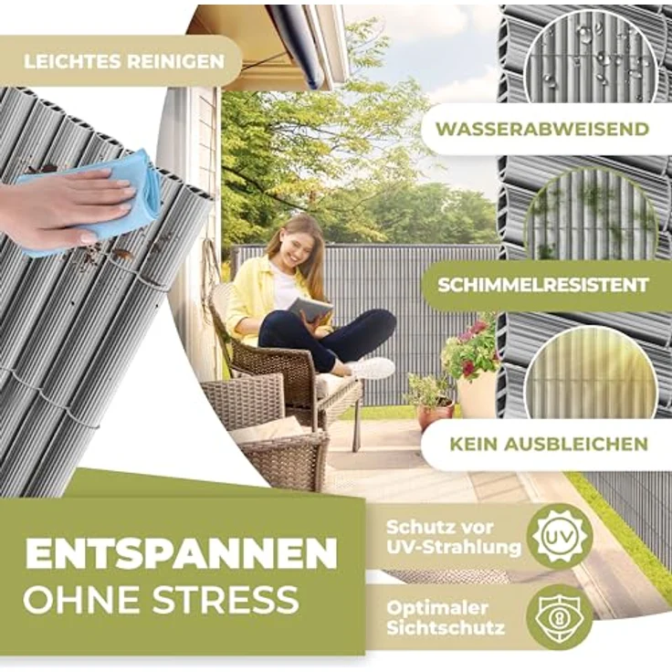 KESSER® PVC Sichtschutzmatte Sichtschutzzaun 80x400cm Balkonverkleidung Windschutz verstärkte Lamellen für Garten Balkon & Terrasse Balkonumrandung inkl Kabelbindern, Abdeckung & Handschuhe Hellgrau – Bild 4