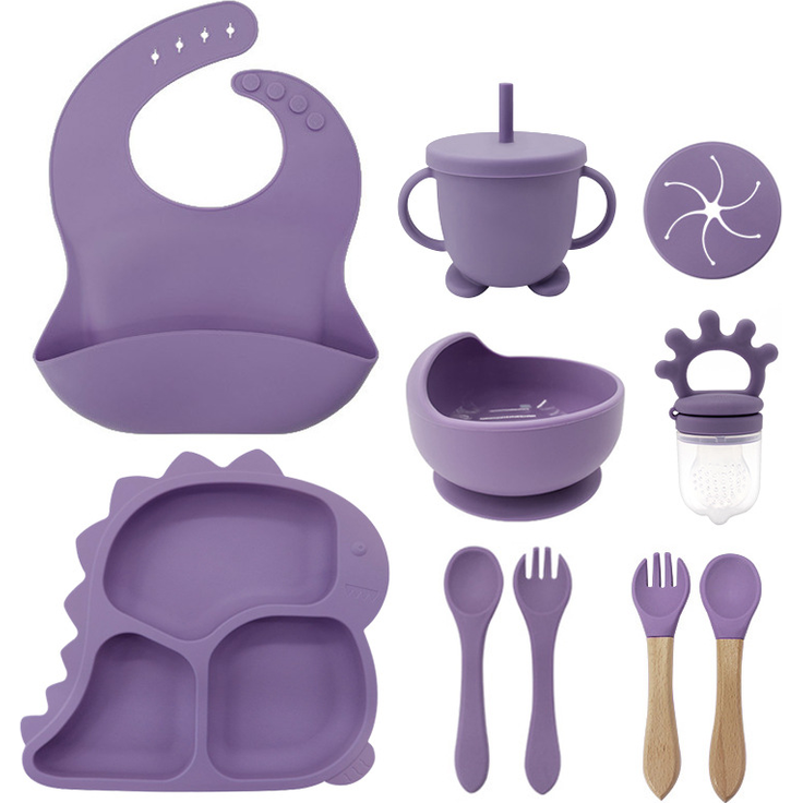 ABC Kindergeschirr-Set mit Dinosaurier-Motiv, Schüssel aus lebensmittelechtem Silikon, Babygeschirr für die Beikostvorbereitung, mit Fächern - dunkelrosa