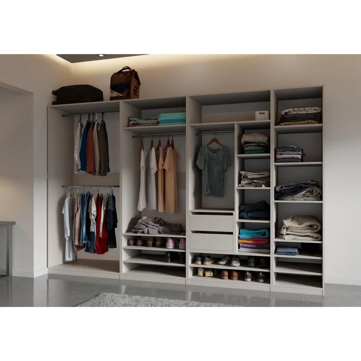 Marmex Möbel TRES SET B Garderobenschrank-Set für Kleidung, Schuhe, offener Kleiderschrank mit Regalsystem, laminierte Spanplatte, graubeige cashmere, 320x206x51 cm – Bild 2