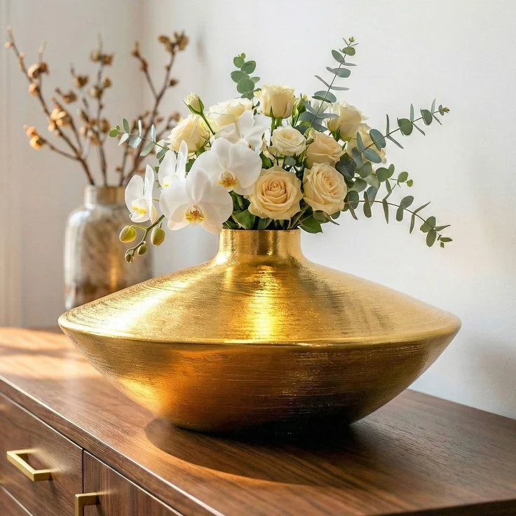 FineBuy Tischvase Aluminium 35cm - Dekovase rund - Metall Vase modern - Wohnzimmer Deko Alu - Design Vase flach Tisch Dekoration - Pflanzgefäß Handmade – Bild 1