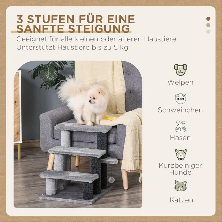 PawHut Kratzbaum Katzentreppe 4-stufige Haustiertreppe mit Kratzsäulen und Ball, Spanplatte, Plüsch Jute Grau, 60 x 40 x 64 cm – Bild 4