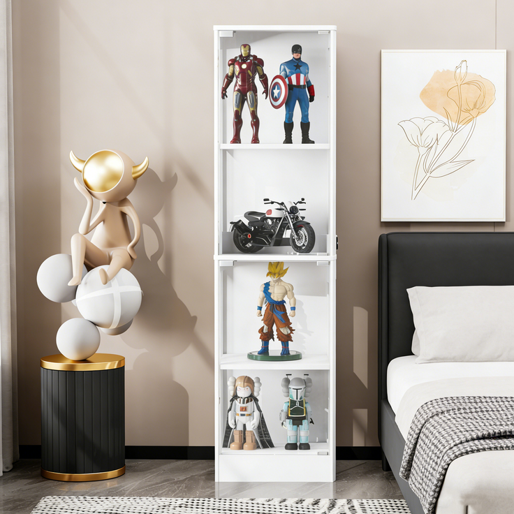 Vierstöckige Glasvitrine mit Stauraum, LED-Beleuchtung, Glastüren und intelligenten Sensoren, Als staubdichte Glasvitrine für Wohnzimmer, Schlafzimmer und Büros geeignet, Weiß. 40*35*165cm--Weiß--40x35x165cm--YOUDENOVA – Bild 3