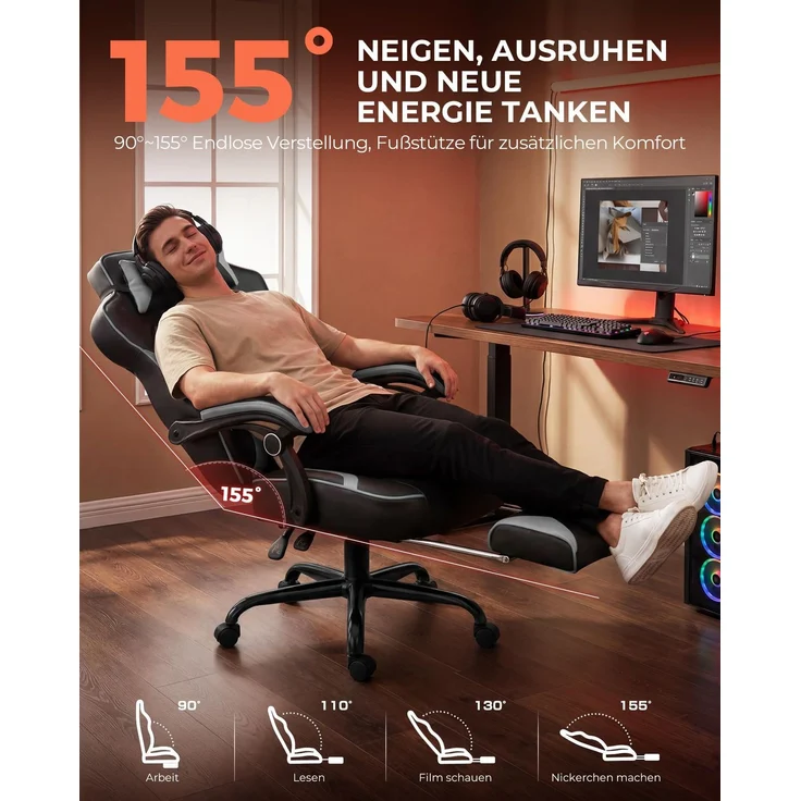 GTPLAYER Gaming Stuhl mit Fußstütze, Ergonomischer Bürostuhl 180kg, Schwerlast Gaming Sessel mit Lendenwirbelstütze und Kopfstütze, Höhenverstellbarer Computerstuhl, Gepolstert, neigbare 155°, GRAU – Bild 3