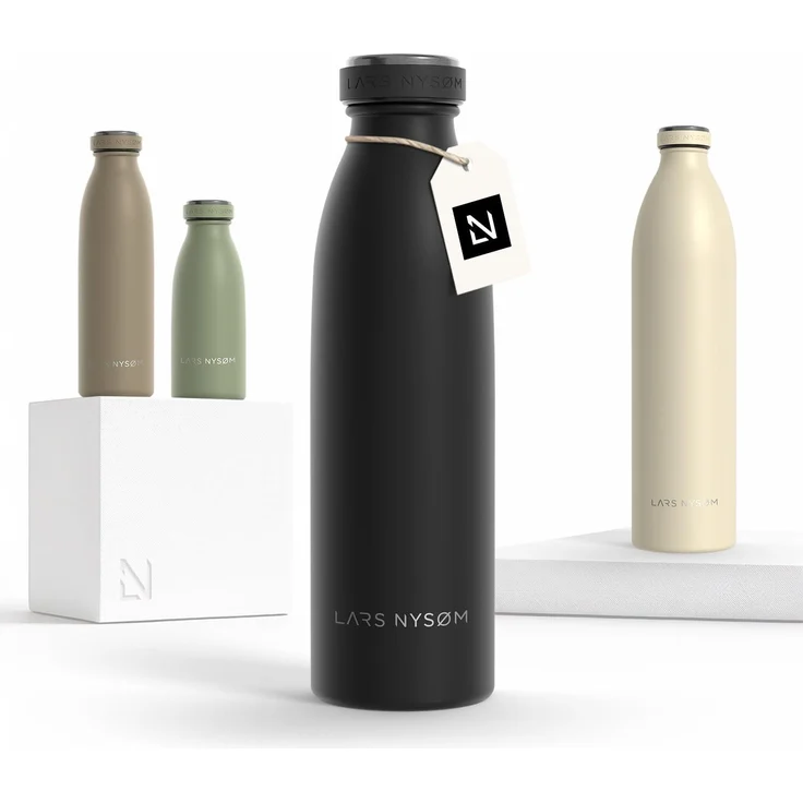 LARS NYSØM Edelstahl Trinkflasche 350ml, 500ml, 750ml, 1L, 1 5 liter | Thermosflasche Kohlensäure geeignet | Auslaufsichere Wasserflasche für Sport, Outdoor, Schule (Carbon Black, 500ml)