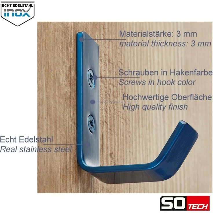SO-TECH® Kleiderhaken Wandhaken, aus Edelstahl, 60 x 20 x 45 mm, (1-St), kleiner Jackenhaken mit abgerundeten Kanten blau – Bild 3