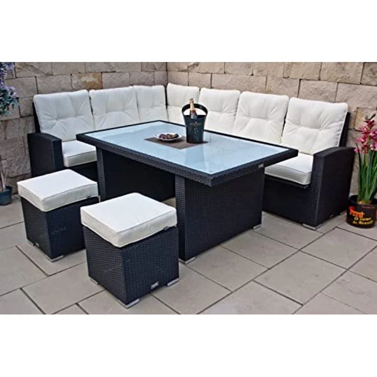 Ragnarök Möbel-Design Garten-Essgruppe Dining Lounge Wieland L, (Ecksofa + Tisch + Hocker, Polyrattan, inkl. aller Polster), Sitzpolster ca. 16 cm dick, 2 Härtegrade – Bild 2