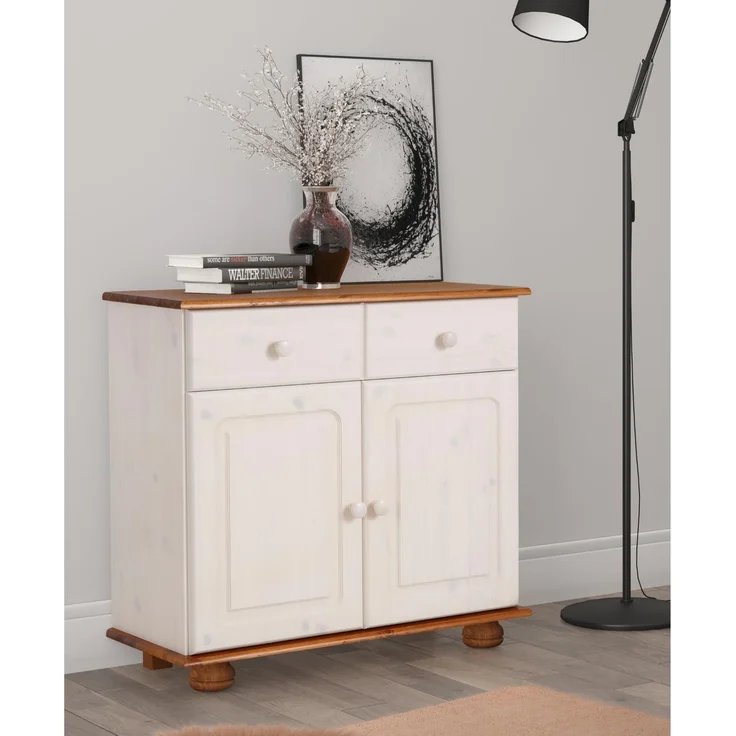 Mette Sideboard Weiß/Honig, 80 x 35 x 76 cm, Massivholz Sideboard mit 2 Türen und 1 Schublade, Landhausschrank aus FSC-zertifiziertem Kiefernholz für Wohnzimmer und Flur