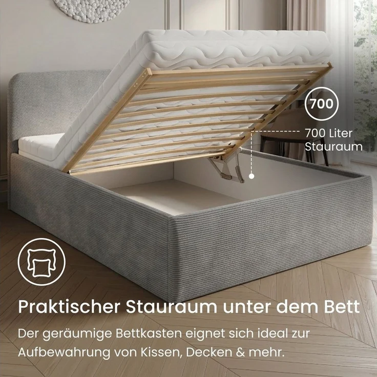 Home Collective Polsterbett Bett mit Stauraum, verstellbarem Lattenrost, viele Größen (Größen: 100x200 120x200 140x200 160x200 180x200 200x200, hochwertiger Kordstoff, made in Germany), wählbare Matratze Federkern oder Kaltschaum, Grau – Bild 4
