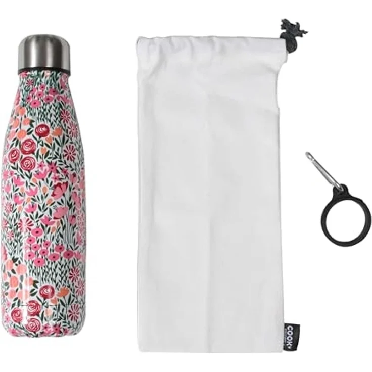 COOK CONCEPT - Ka4650 - Isolierflasche im Blumendesign - mit abnehmbarem Karabiner - Edelstahl - Warm/Kalt - Maße: 6,5 x 6,5 x 25,2 cm - Takeaway-Küche – Bild 1
