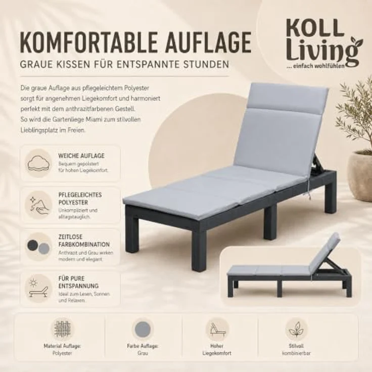 Koll Living Gartenliege 'Miami', UV- und wetterbeständig, Kunststoff in Anthrazit mit grauer Auflage, 187 cm Länge – Bild 5