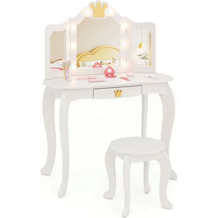 COSTWAY Schminktisch Kinderschminktisch mit Hocker, mit LED Beleuchtung – Bild 4