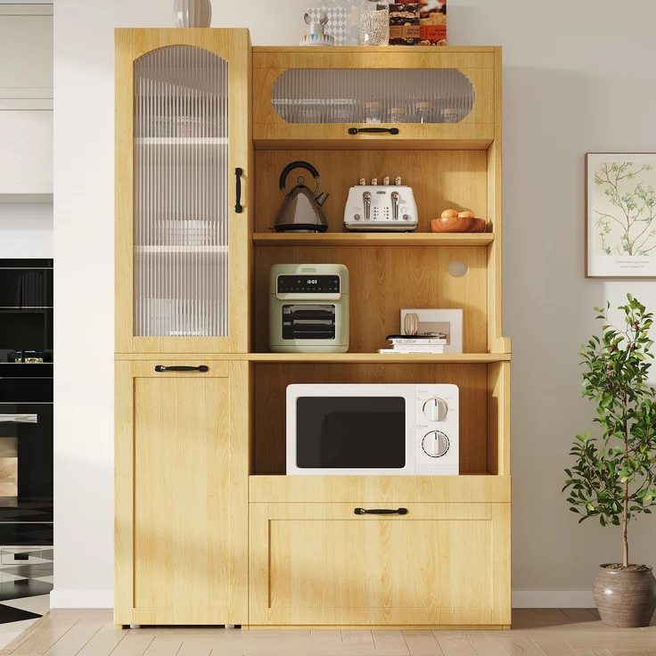 EINHOM Highboard mit verstellbaren Regalböden und Schubladen, Küchenschrank mit ausziehbaren Regalböden und Riffelglas, Ideal für Esszimmer, Wohnzimmer und Küche (Natur) – Bild 1