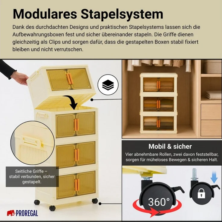 PROREGAL® Aufbewahrungsbox EasyCube stapelbar 4 Ebenen & Rollen Stapelboxen – Bild 4