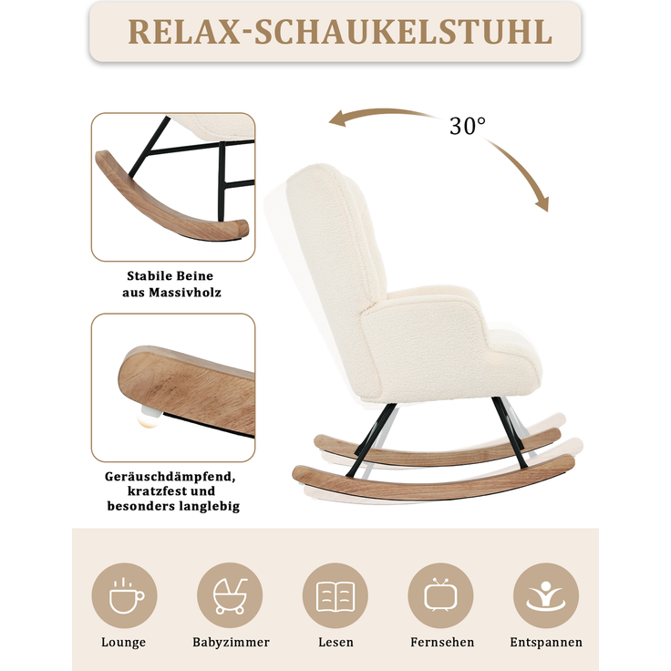 GOEURVANT 5006 Schaukelstuhl mit Hocker (Relaxsessel, Ohrensessel), Teddy-Stoff - Creme – Bild 8
