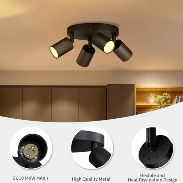 LVWIT Deckenstrahler LED 4 Flammig Rund GU10 LED Deckenleuchte Schwenkbar Schwarz Deckenlampe Strahler Drehbar Modern Deckenspots 4 Flammig für Wohnzimmer Schlafzimmer Küche (Ohne Leuchenmittel) – Bild 6